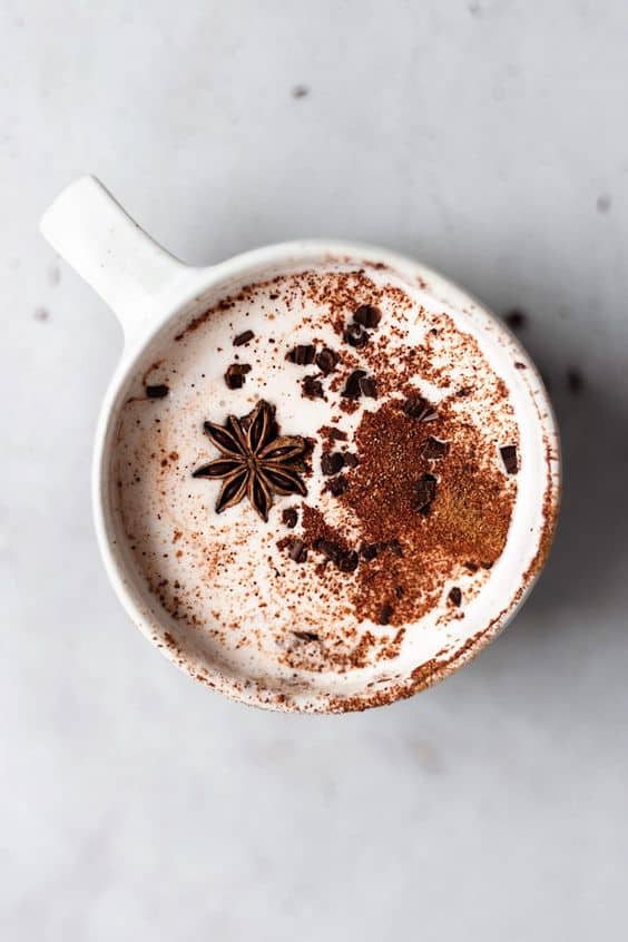 Chai spiced warm vegan hot chocolate.