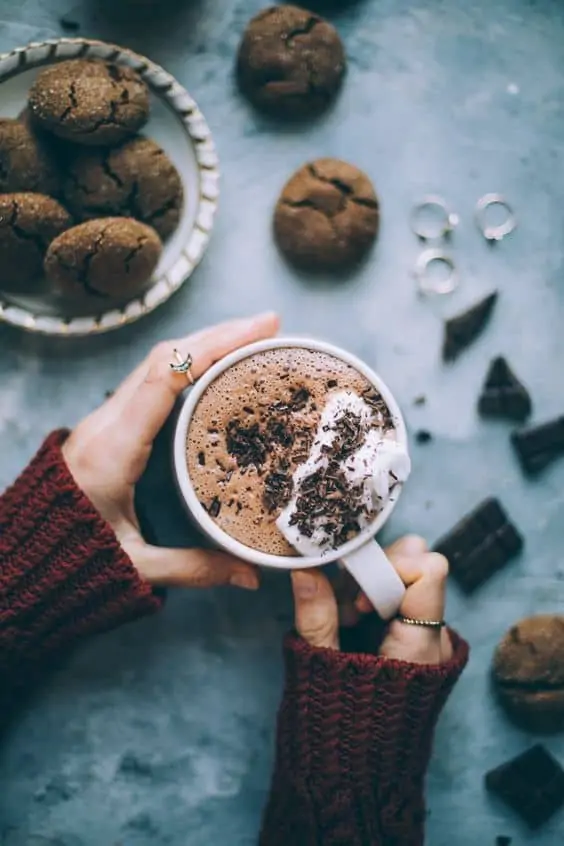 Vegan hot chocolate, sweetened with dates.