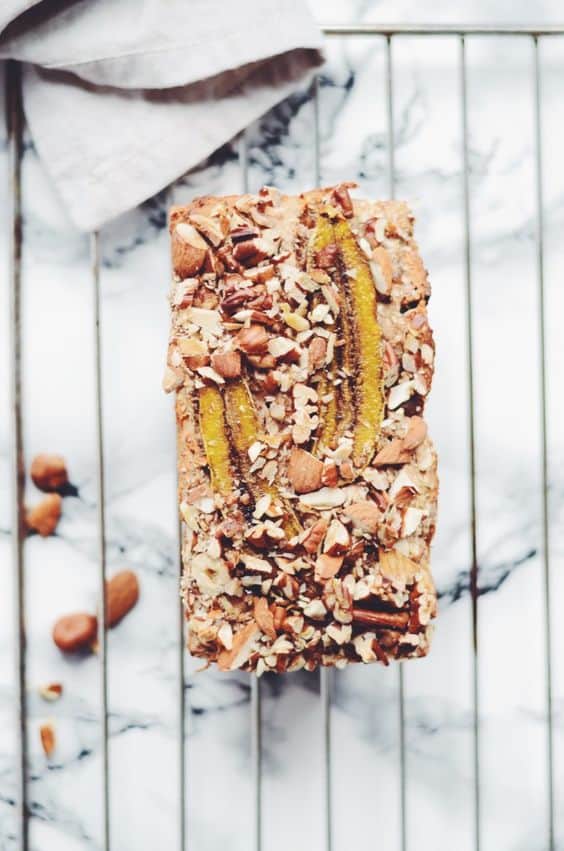 A vegan nut and fruit banana loaf.