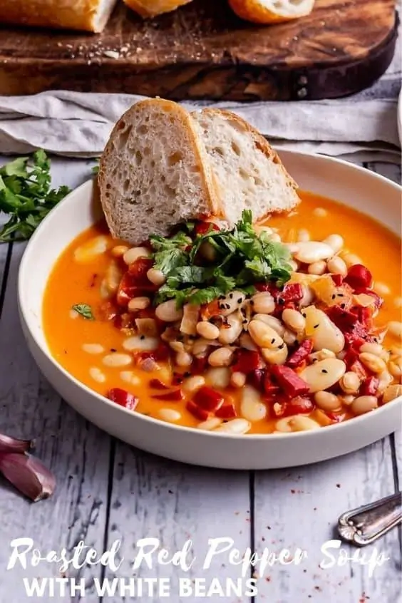 Roasted red pepper soup with white beans and bread