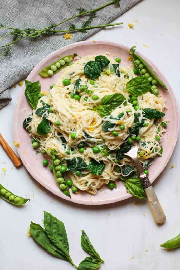 13. Creamy Vegan Lemon Pasta with Fresh Peas and Spinach