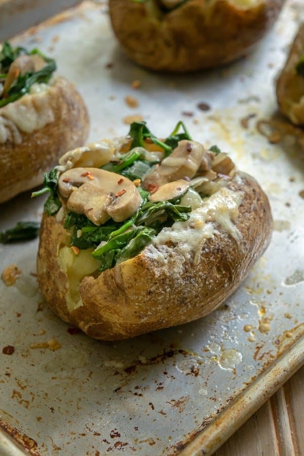 Spinach Mushroom Stuffed Baked Potatoes with Cheddar