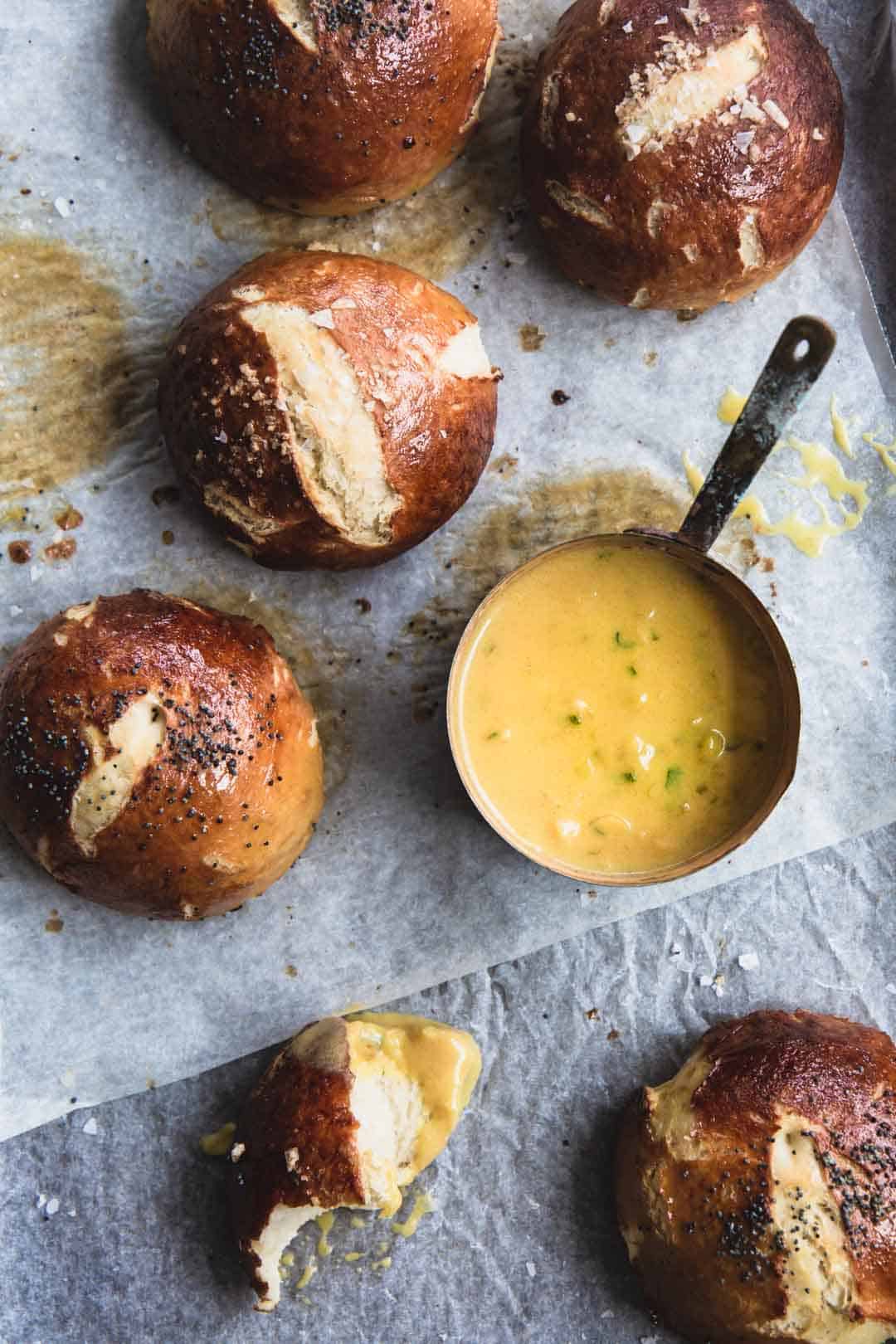 Soft Vegan Pretzel Buns with Mustard Ale Dip