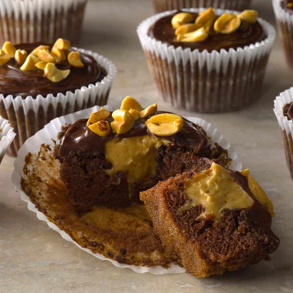 Peanut-Filled Devil’s Food Cupcakes